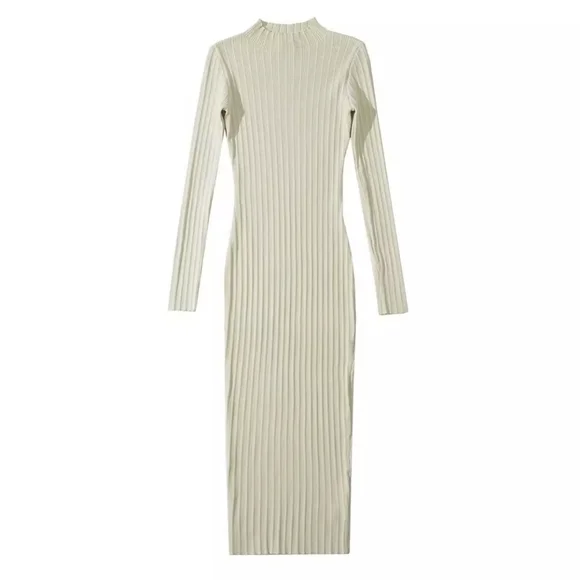 Cream Ribbed Knit High Neck Midi Dress - Picture 5 of 15